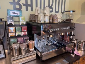 All set up for vegan coffee, hot chocolate and teas  at Om Bamboo in Bude