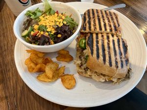 Vegan Reuben with side salad  at Pressed Cafe in Boston