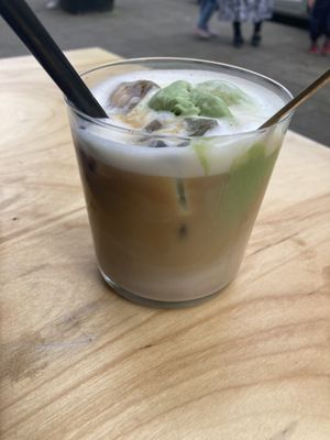 oat iced latte with matcha ice cream  at YUSU in Amsterdam