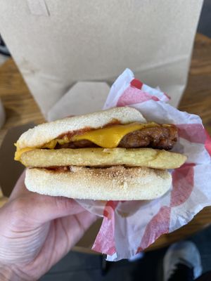 Sausage and egg mocmuffin  at Hank's  Dirty Colchester in Colchester