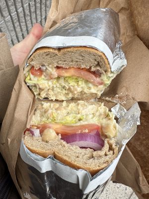 Chickpea salad sandwich. This is the smallest size (still very sizable)  at Stacked Sandwich Shop in Queens