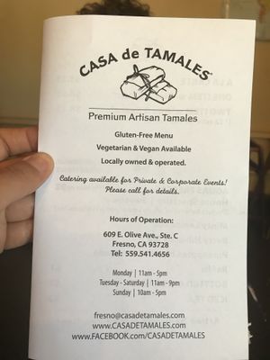 Menu at Casa de Tamales in Fresno