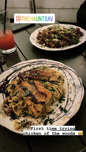 Chicken of the woods Alfredo and the pad see ew  at The Haunt in Savannah