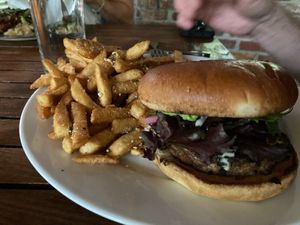 Burger with fries at The Haunt in Savannah