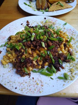 Mac and cheese with mushroom sausage at The Haunt in Savannah