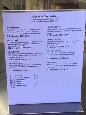 Menu inside restaurant  at SubVegan Sandwiches in Santa Ana