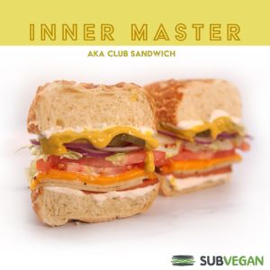 Turkey-free, ham-free, cheddar cheese, lettuce, red onion, tomato, pickles, mayo and deli yellow mustard. at SubVegan Sandwiches in Santa Ana