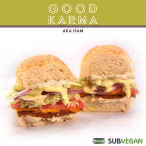 Corned beef-free, cheddar cheese, lettuce, red onion, tomato, pickles, garlic aioli and honey mustard. at SubVegan Sandwiches in Santa Ana