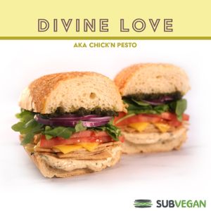 Chicken-free, provolone cheese, arugula, red onion, tomato, pepperoncini and pesto. at SubVegan Sandwiches in Santa Ana