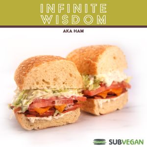Peppered ham-free, cheddar cheese, lettuce, tomato and ranch. at SubVegan Sandwiches in Santa Ana