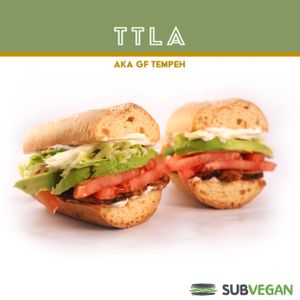 Tempeh Bacon, tomato, lettuce, avocado on GF baguette with garlic aioli. at SubVegan Sandwiches in Santa Ana