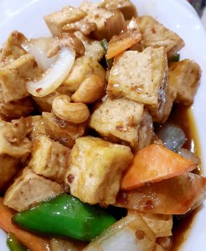 Chinese dish, fried tofu with cashewnuts at Orient Palace in Benalmadena