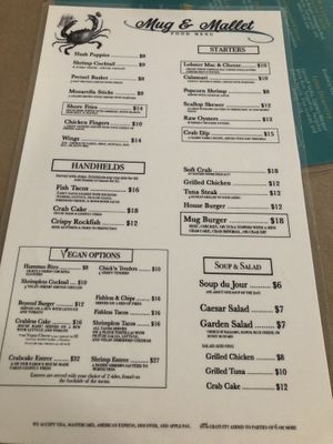 Menu with vegan selection  at Mug & Mallet in Ocean City