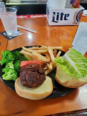 Crabless cake with broccoli and fries at Mug & Mallet in Ocean City