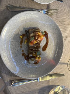 Aubergine with mango saucee  at Le Relais by Villa Castagnola in Lugano