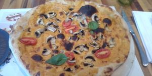 Vegan pizza with cashew cheese. at Perbacco in Locarno