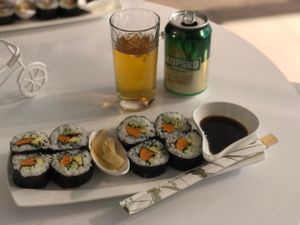 Absolutely delicious vegan sushi! Sweet potato, avocado and cucumber with nice Skopsko beer 🤤 at oTTo in Ohrid