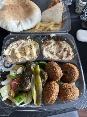 Master Falafel plate, fries, vegetarian manakeesh   at Master Falafel in Rochester