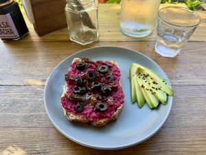 Beet hummus toast. Yum!  at Chido Greens in San Francisco