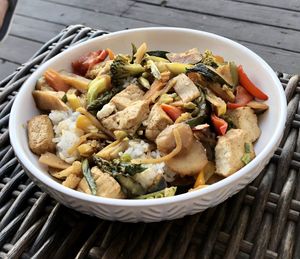 Clay pot plated with white rice  at Wok and Roll Asian Kitchen in Pine Grove