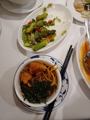 Salt&Pepper asparagus, noodles with mock meat and seaweed at Peking Palace in Sawbridgeworth