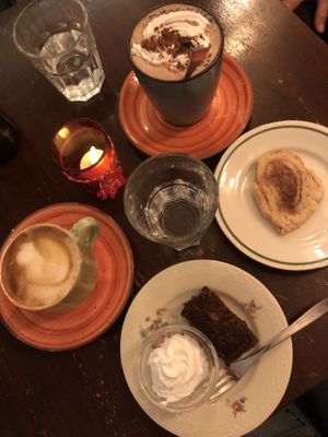 Hot chocolate, cookie, cappucino and brownie - all vegan  at Gudrun's Goodies in Copenhagen