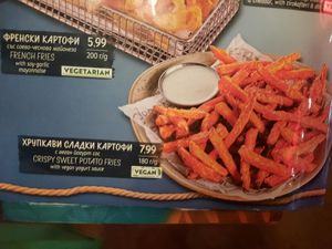 Menu-  sweet potatos at Happy Bar & Grill in Burgas