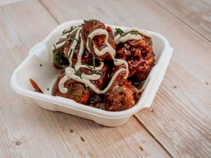 BBQ Bites
Delicious Crispy homemade BBQ Cauli Bites coated in our homemade BBQ Sauce drizzled with Sour Cream & Chive Mayo at The Vegan Kitchen in Birmingham