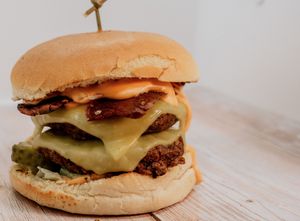 New Kid on The Block
Our Homemade Meatless Patty Doubled up with Melted CheeZe, This isnt Bacon, Lettuce, pickle, onion & Fresh Chilli drizzled with Burger Sauce at The Vegan Kitchen in Birmingham