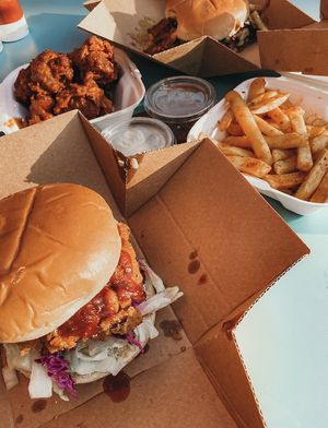 Buffalo cauliflower, fries & bbq funguy burger at The Vegan Kitchen in Birmingham