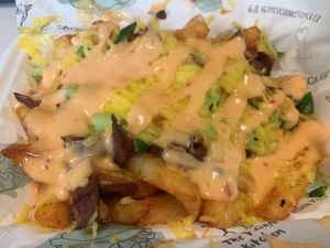 Loaded fries with sweet chilli mayo. at The Vegan Kitchen in Birmingham