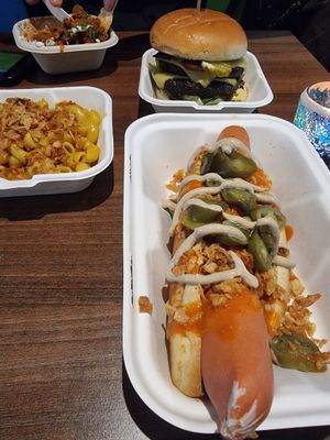 Buffalo Hot Dawg with mac n cheese side at The Vegan Kitchen in Birmingham