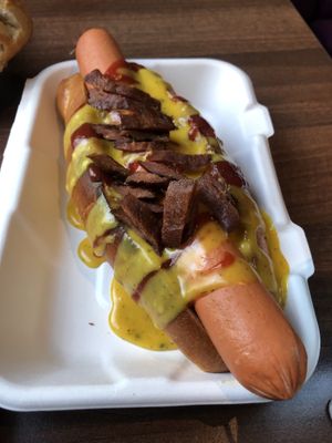 Hotdog with bacon and cheese sauce  at The Vegan Kitchen in Birmingham
