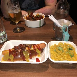 Cheezy hotdawg, shroom wings box and mac & cheese  at The Vegan Kitchen in Birmingham