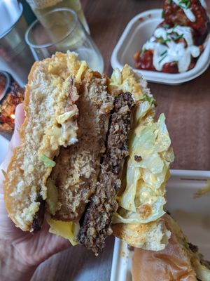 Double burger yummmmy at The Vegan Kitchen in Birmingham