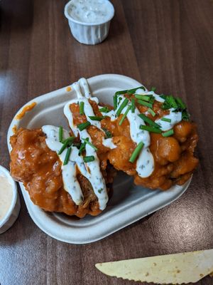 Cauliflower wings in buffalo sauce at The Vegan Kitchen in Birmingham