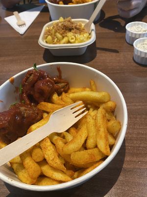 Crispy BBQ shrooms, seasoned chips and Mac n cheese with this isn’t bacon and crispy onions   at The Vegan Kitchen in Birmingham