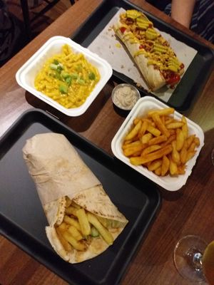 Gyros (special), seasoned fries, mac and cheese and not dog. at The Vegan Kitchen in Birmingham