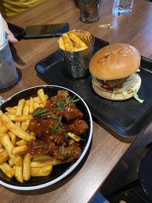 bbq burger and bbq wings with chips  at The Vegan Kitchen in Birmingham