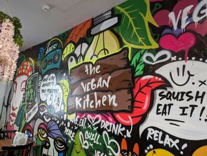 Beautiful art work located upstairs, it was fun looking at all the different pieces on the wall at The Vegan Kitchen in Birmingham