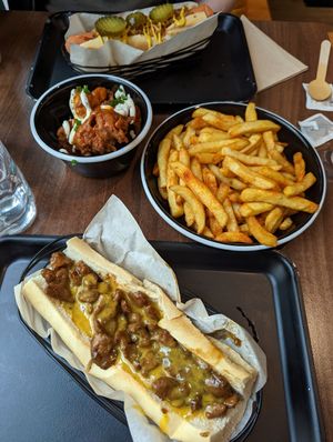 Philly Cheeze Steak, Seasoned Fries and Buffalo Cauli bites at The Vegan Kitchen in Birmingham