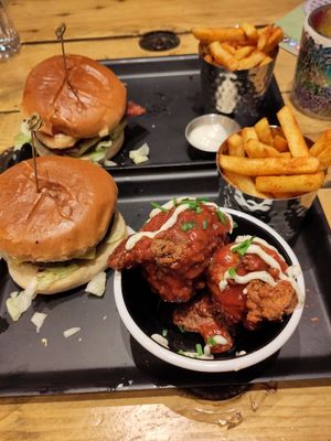 Burgers, cauliflower wings and chips at The Vegan Kitchen in Birmingham