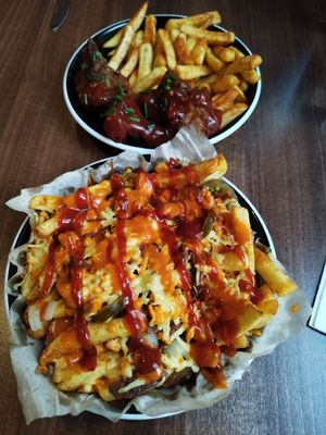 Loaded fries with BBQ and buffalo sauce at The Vegan Kitchen in Birmingham
