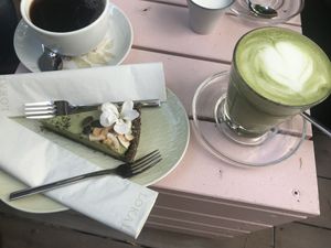 Vegan matcha cake & oat matcha latte  at Lokal Vier  in Hannover