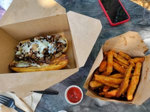 Vegan Philly Cheezesteak and sweet fries at Freya's Diner in St Petersburg