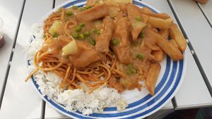 Tofu curry,  rice, noodles and chips at Ikitchen Chinese Takeaway in Scarborough
