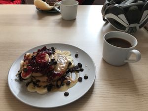 Vegan pancake stack and coffee- braw! at Gilmartin's Bakery in Kilmarnock