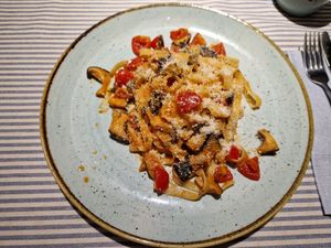 Tagliatelle with funghi porcini and vegan cheese at Matre in Gallipoli
