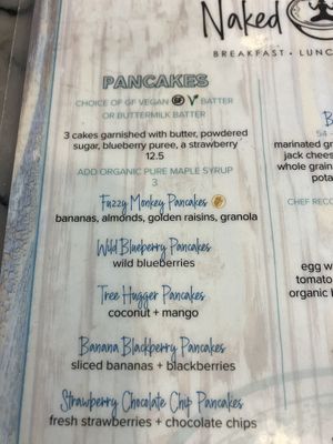 Menu pancakes section   at Naked Cafe in Carlsbad