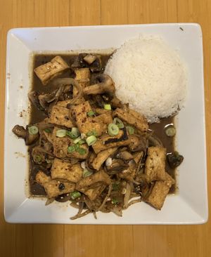 Number 44 - Ginger Sauce Stir Fry with tofu. Fresh ginger, onion, mushroom, green onion and tons of tofu. Loved it. at King and I Thai in Mendota Heights